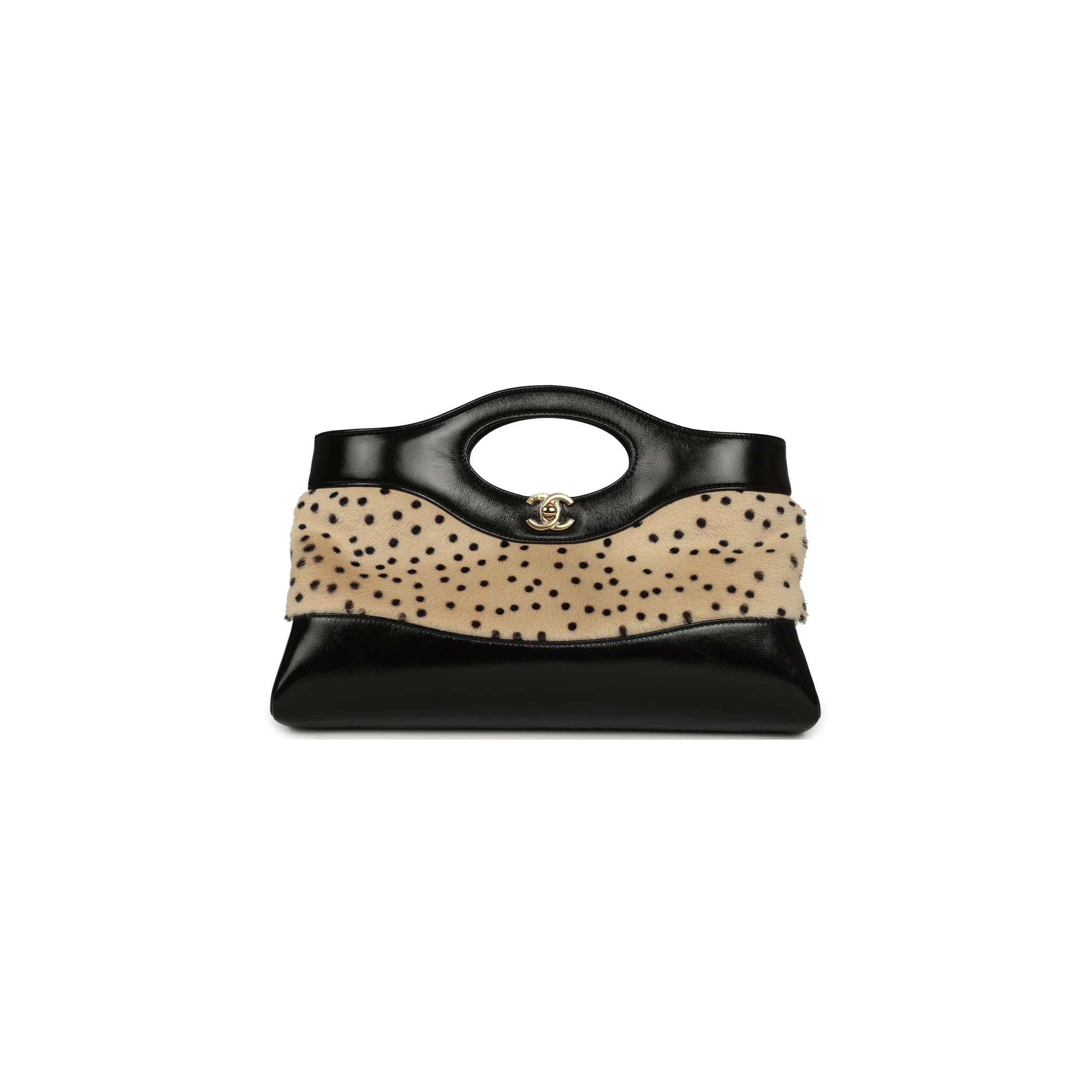 CHANEL CHEETAH PRINT 31 SHOPPER BEIGE CALF HAIR, BLACK SHINY LAMBSKIN GOLD HARDWARE AS6361 (32*22*6.5cm)